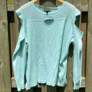 Mesh Yoke Cold-Shoulder Pullover Sweater